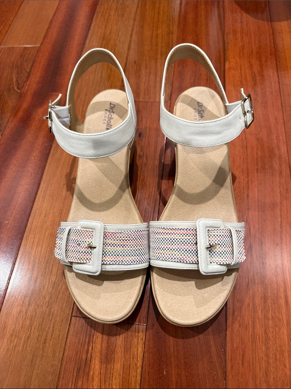 Dr. Scholl's White Ankle-Strap Sandals with Multicolor Woven Toe Band